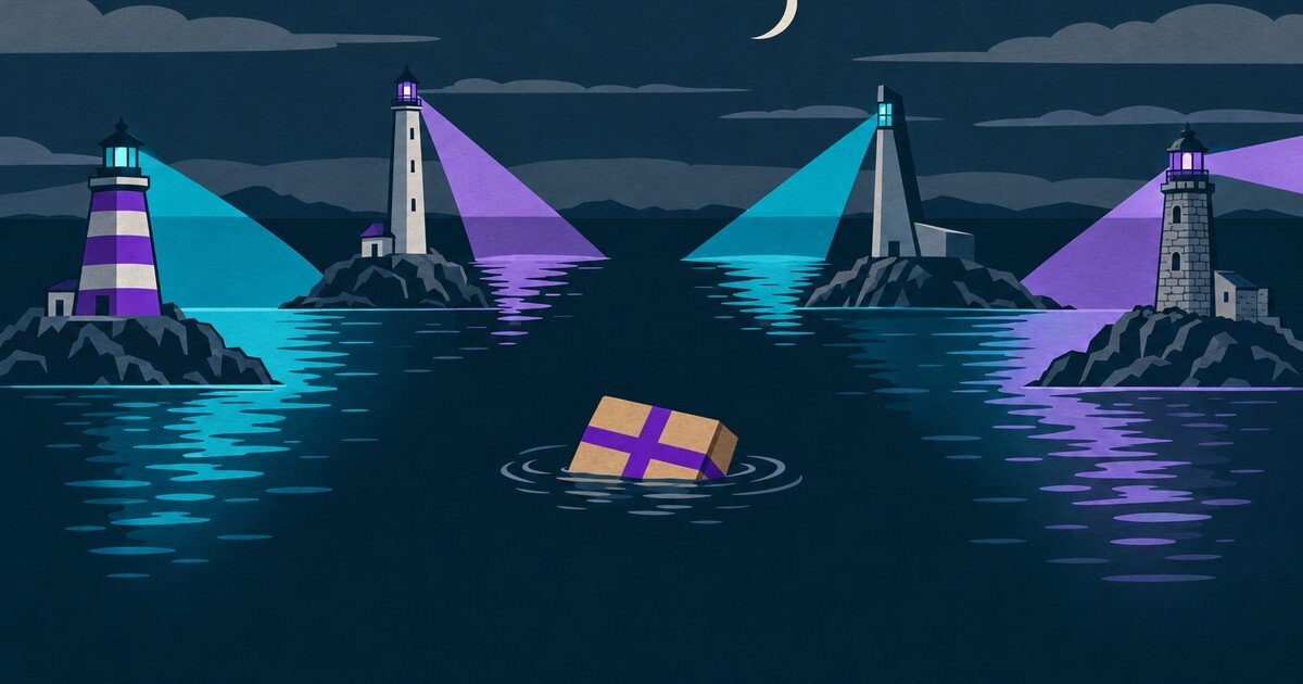 Four lighthouses each light their own patch of night sea while one parcel floats in the dark water between them