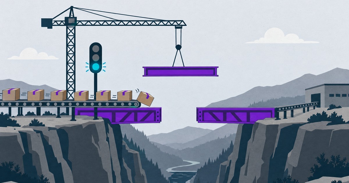 Illustration: a signal has turned green and parcels roll along a conveyor toward a bridge that stops halfway across a gorge, the next girder still hanging from a crane